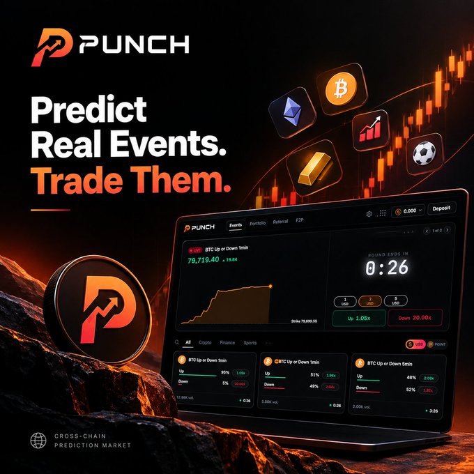 The image is a promotional graphic for "PUNCH," a cross-chain prediction market platform, with the tagline "Predict Real Events. Trade Them." It features a laptop displaying a trading interface with various BTC Up or Down markets showing different strike prices (79,800.00, 79,000.00, 78,800.00), timeframes of 1 minute, and percentage odds for Up and Down outcomes, alongside a countdown timer showing "ROUND ENDS IN 0:26" and icons representing crypto (Bitcoin, Ethereum), gold, and sports events—all relating to the post's discussion of prediction markets evolving beyond simple yes/no bets into short-term trading opportunities like BTC price movements.
