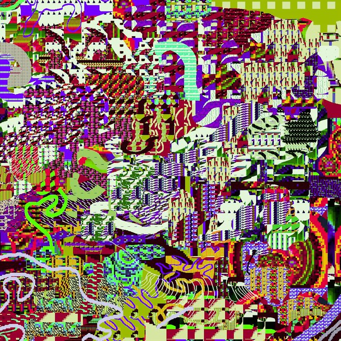 An abstract, heavily glitched digital artwork featuring chaotic patterns in purple, green, red, and yellow with architectural and pixelated elements.