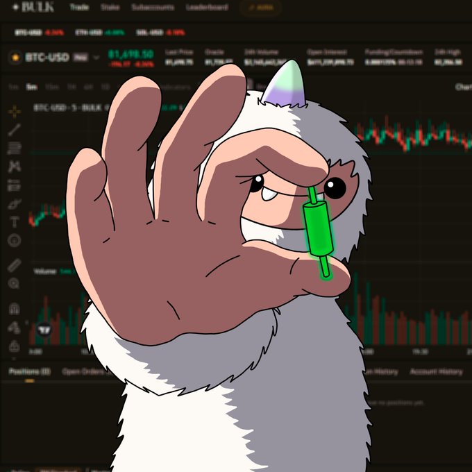 An animated character resembling a furry white creature with a rainbow horn holds up a hand in a stopping gesture, with a small green candlestick chart figure resting on its palm, set against a dark cryptocurrency trading interface showing BTC-USD data and a candlestick chart.