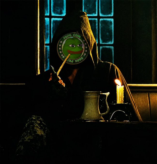 A dark, atmospheric image of a hooded figure holding a quill, with the Pepe Coin logo superimposed over their face, sitting at a table lit by a single candle and a mug.