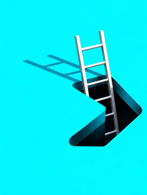 A 3D rendered illustration of a white ladder descending into a square hole on a bright turquoise background, casting a shadow to the left.