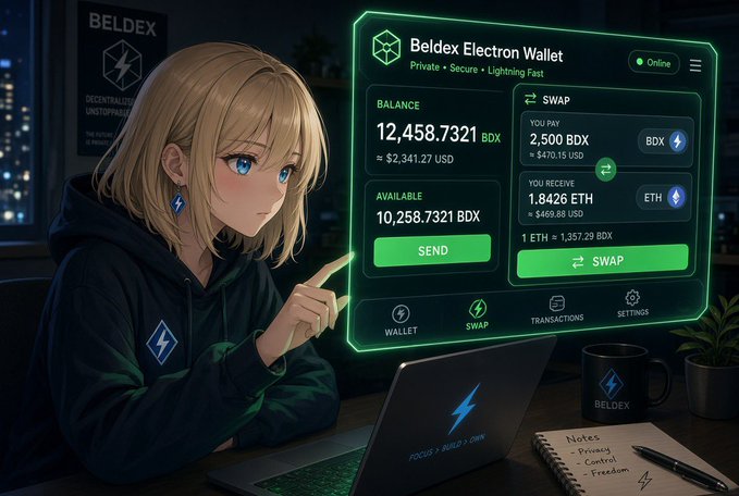 An anime-style illustration shows a blonde girl in a dark hoodie pointing at a holographic 'Beldex Electron Wallet' interface displaying a balance of 12,458.7321 BDX (≈$2,341.27 USD), alongside swap options for BDX and ETH, with a 'BELDEX' branded mug and notes about privacy on the desk.