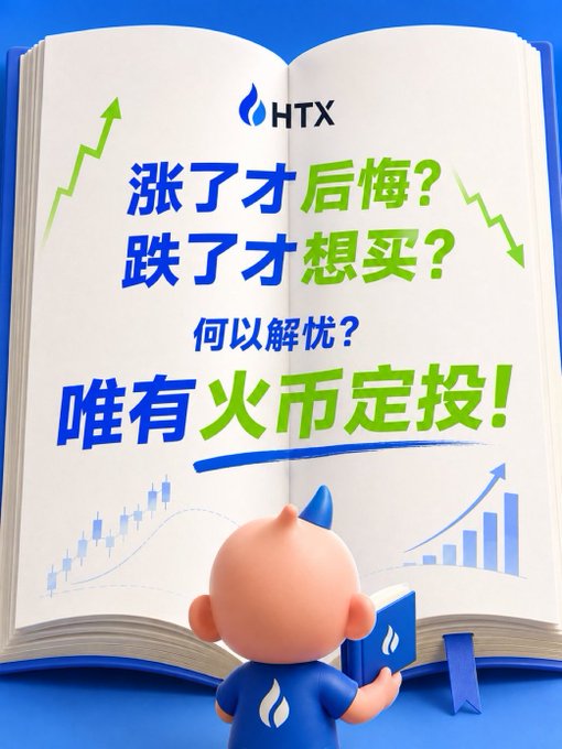 A cute 3D mascot wearing a blue HTX-branded shirt stands before an open book displaying the HTX logo and Chinese text promoting "HTX定投" (HTX Dollar-Cost Averaging) as the solution to the dilemma of regretting missed rallies or fearing dips, accompanied by upward and downward chart arrows.

The image visually reinforces the post's message about HTX's smart DC investment strategy—using the open book metaphor to present dollar-cost averaging as the "answer" to market timing anxiety, while highlighting the free 100U experience share promotion for new users.