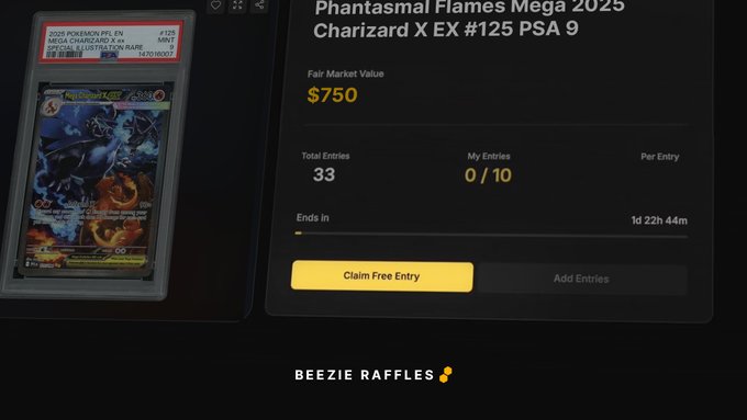 A website interface for a raffle showing a PSA 9 graded 'Phantasmal Flames Mega 2025 Charizard X EX #125' Pokemon card with a Fair Market Value of $750. The raffle has 33 total entries and ends in 1 day 22 hours.