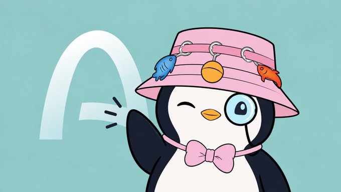 A cute cartoon penguin wearing a pink bucket hat decorated with charms and a matching bow tie waves cheerfully against a teal background featuring a stylized "A" logo. The image aligns with the post's reference to "arc," celebrating the one-day countdown to Arc mainnet's launch.
