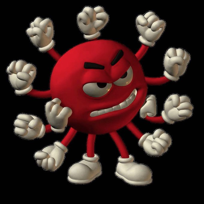 A red, spherical cartoon character with multiple arms ending in white-gloved fists appears ready to fight, matching the bullish and combative spirit of the "gm bulls" greeting and the poster's optimistic push toward 65k.