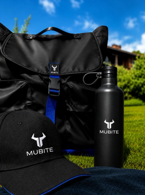 A black backpack, a black baseball cap, and a matte black water bottle all bearing the white "MUBITE" logo and bull head emblem are arranged outdoors on grass.