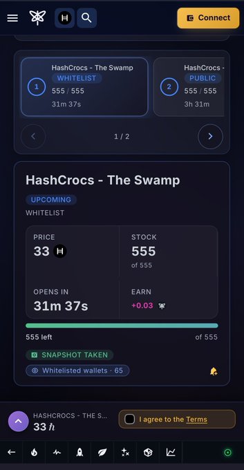 A mobile app interface for HashCrocs - The Swamp NFT collection, showing an upcoming whitelist sale at 33 H per unit with 555 stock available, 31m 37s until opening, and a +0.03 earned reward.
