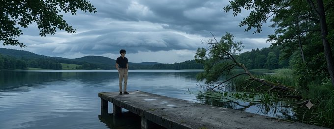 A man stands still on a wooden dock overlooking a calm, cloud-draped lake, embodying the "Motion bro is awake" vibe — present, grounded, and ready to move through the stillness of a moody morning landscape.