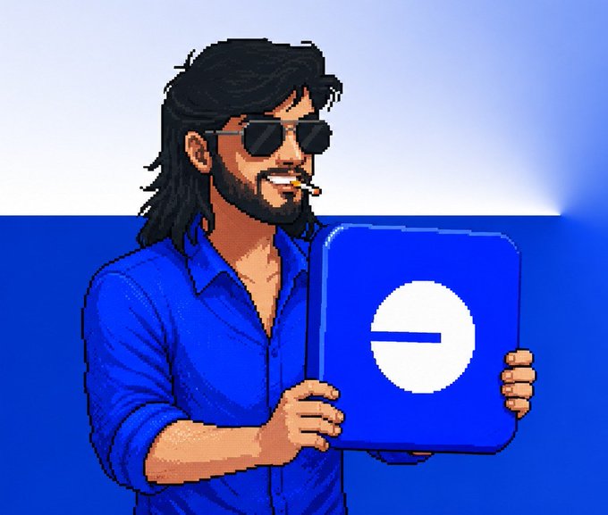 A pixel art illustration shows a bearded man with long hair, wearing sunglasses and smoking a cigarette, dressed in a blue shirt while holding a large blue cube featuring the Base logo (a white circle with a horizontal line). The image visually represents the post's message about Base establishing itself as a leading Layer 2 ecosystem, with the prominent display of the Base logo symbolizing the platform's growing prominence.