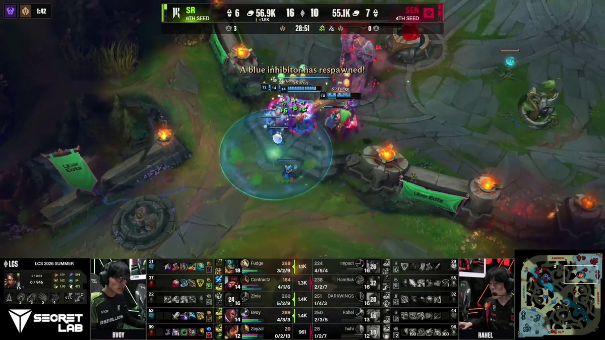 A League of Legends match shows a team fight near the mid lane inhibitors with SR leading SEN 16-10 at 28:51, as the caption "WE HEAR A SOUND IN THE DISTANCE, COULD IT BE SILVER SCRAPES?" ominously foreshadows SR's potential victory push in this 2026 LCS Summer game featuring players Fudge, Contractz, Zinie, Bvoy, and Zeyzal.