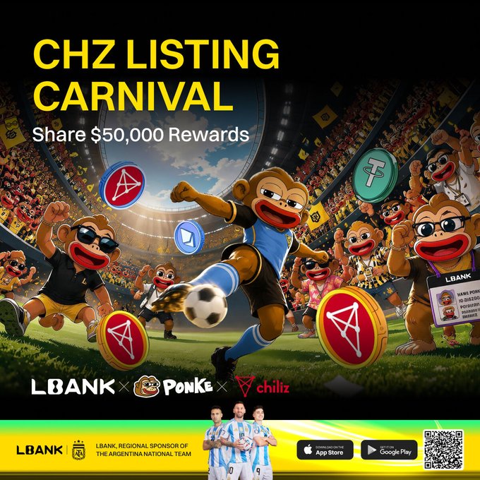 A promotional graphic for the "$CHZ Listing Carnival" featuring cartoon monkeys in a stadium celebrating with soccer balls and CHZ tokens, advertising a $50,000 rewards share event between LBank, Ponke, and Chiliz (CHZ). The image aligns with the post by visually conveying the football/crypto fusion theme of the LBank x Chiliz listing event, complete with App Store and Google Play download badges and a QR code.