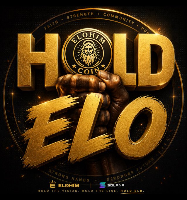 A promotional graphic for the 'ELO' cryptocurrency coin featuring the text 'HOLD ELO', 'FAITH • STRENGTH • COMMUNITY', and logos for 'ELOHIM' and 'SOLANA'.