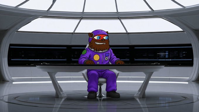 A cartoon bear character with "RG" on its purple cap and spacesuit sits at a sleek control console in a futuristic spaceship cockpit, evoking a mission-ready scene that fits the post's playful announcement of heading "for the moon."