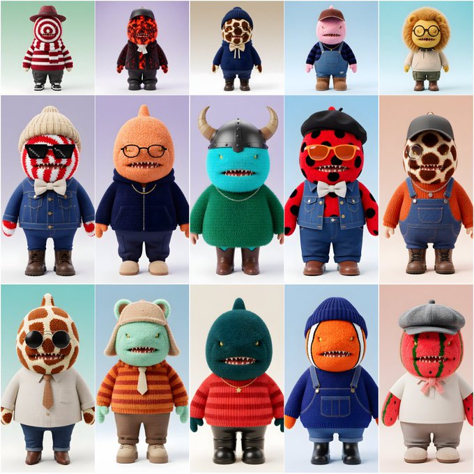 A grid of fifteen quirky, colorful plush monster dolls, each dressed in different outfits including sweaters, overalls, and beanies.
