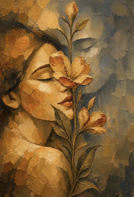 An impressionistic oil painting depicting a woman's face in profile with closed eyes next to a tall stem of orange-yellow flowers.
