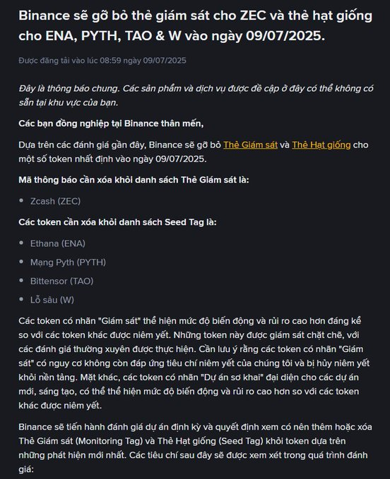 A Vietnamese announcement from Binance dated 09/07/2025 regarding the removal of the Monitoring Tag for ZEC and Seed Tags for ENA, PYTH, TAO & W tokens.