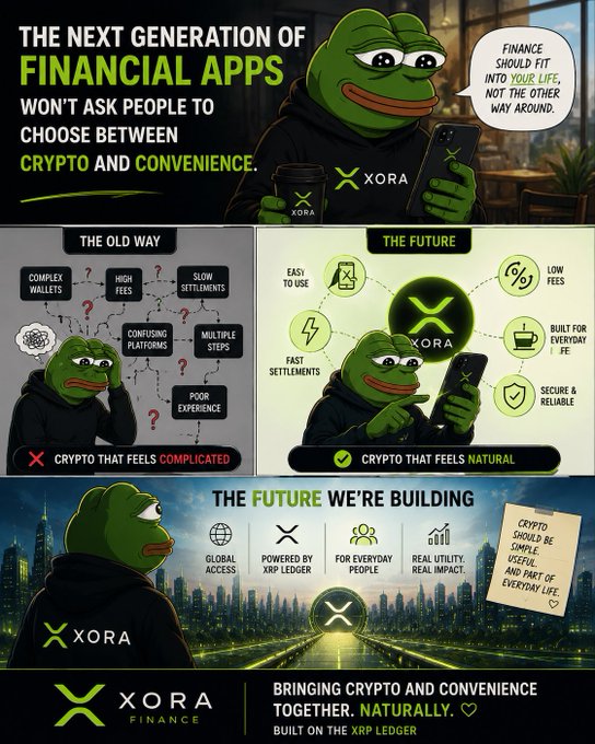 A promotional graphic for Xora Finance features a Pepe the Frog mascot promoting "The Next Generation of Financial Apps" built on the XRP Ledger, contrasting "The Old Way" of complex crypto wallets and high fees with "The Future" of easy, low-fee transactions, alongside the caption "Bringing Crypto and Convenience Together. Naturally."