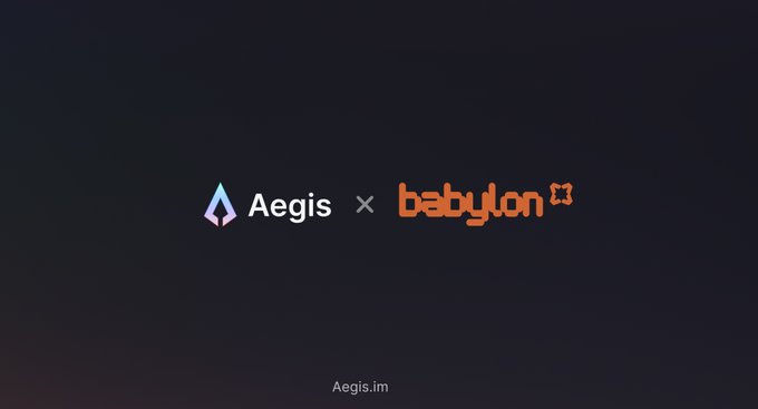 Aegis and Babylon logos are shown together on a dark background, with the text “Aegis × babylon” and “Aegis.im.” The graphic announces @aegis_im’s testnet launch for fixed-rate borrowing—7d, 14d, 30d, or 90d—against Bitcoin through Babylon Trustless Bitcoin Vaults, borrowing USDC or USDT at fixed rates.
