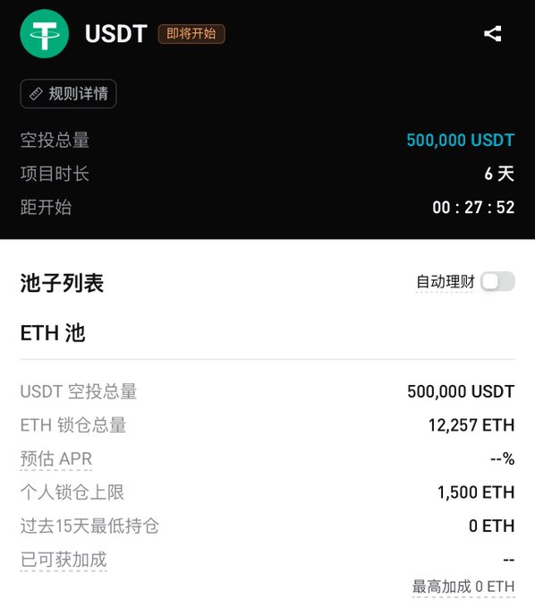 A mobile app interface for a USDT crypto project shows a 6-day event starting in 00:27:52, with a total supply of 500,000 USDT and an ETH pool locking up 12,257 ETH.