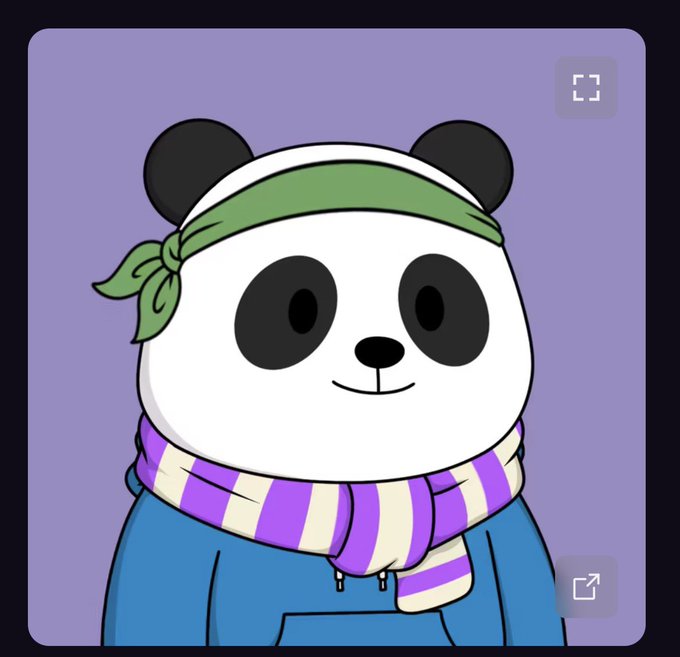 A cartoon panda illustration wearing a green headband and a purple-and-white striped scarf against a purple background.