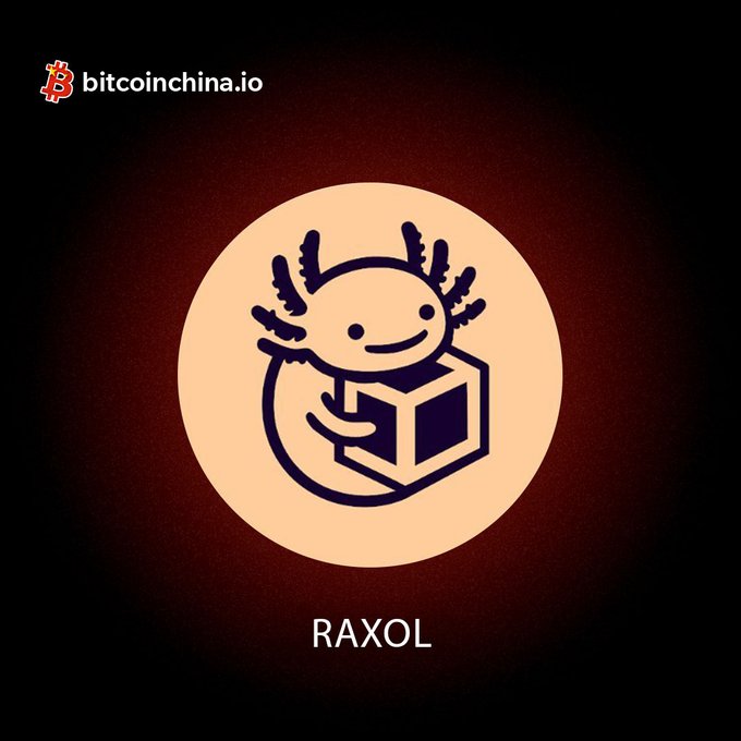 A logo for 'RAXOL' featuring a smiling axolotl mascot holding a 3D box, with 'bitcoinchina.io' text and a Bitcoin symbol in the upper left corner.