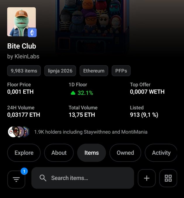 A screenshot of an NFT collection page for 'Bite Club by KleinLabs' showing 9,983 items, with a floor price of 0.001 ETH, 24H volume of 0.03177 ETH, and 1.9K holders.