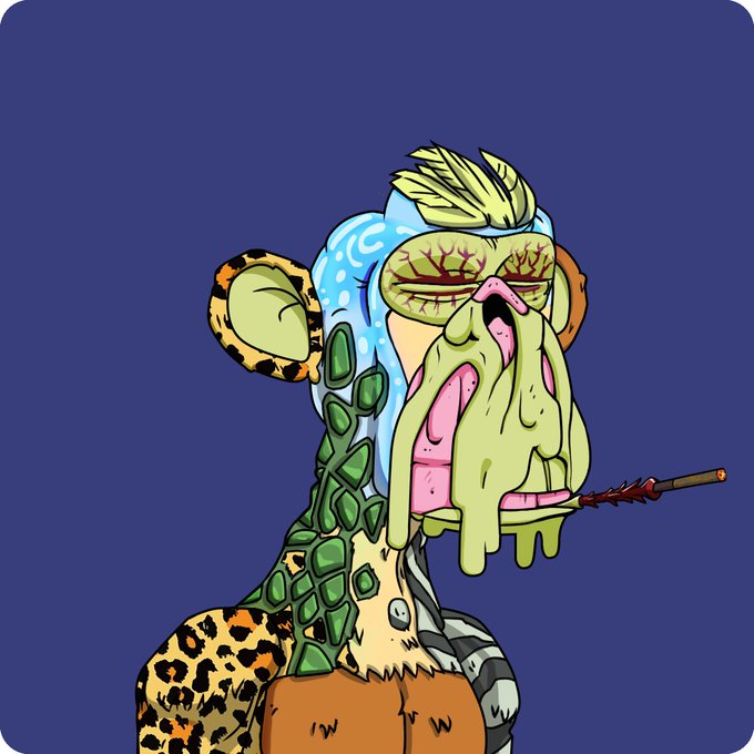 A grotesque, melting-faced NFT character with leopard print clothing smokes a cigarette against a blue background, serving as the new Bored Ape Yacht Club profile picture of "Mrs. Smokingunzz" joining the club for ApeFest.