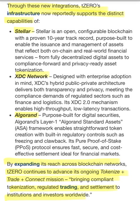 The image shows a document titled "Through these new integrations, Infrastructure now supports the distinct capabilities of XLM, XDC, and ALGO". The text explains that these new integrations are designed for use with three specific software packages - XLM, XDC, and ALGO. The document also mentions that there is a focus on expanding its reach across blockchain networks to connect with other blockchain networks, facilitate tokenization, regulate trading activities, and provide access to financial markets worldwide.