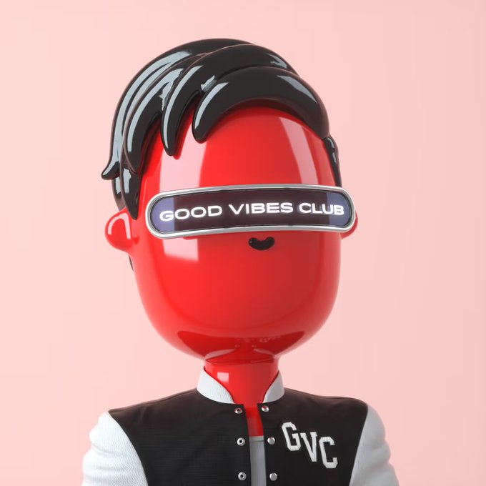 3D rendered red glossy character with black hair wearing a 'GOOD VIBES CLUB' digital visor and a varsity jacket labeled 'GVC'.