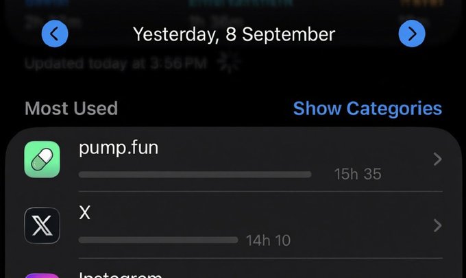 A smartphone screen display showing screen time usage for 'Yesterday, 8 September' with pump.fun at 15h 35 and X at 14h 10 as most used apps.