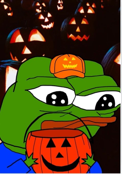 A sad Pepe the Frog meme wearing a jack-o'-lantern pumpkin hat and clutching a pumpkin bucket is set against a dark background filled with glowing carved jack-o'-lanterns, evoking a melancholic Halloween scene that complements the post's dejected "$Link Link or Neet" sentiment.