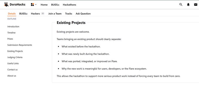 The image shows the "Existing Projects" section of a DoraHacks hackathon page, which outlines guidelines for teams bringing pre-existing products. It states that teams must clearly separate what existed before the hackathon, what was newly built, what was ported/integrated on Flare, and why the new work is meaningful — directly supporting the post's message that apps from other ecosystems are welcome if they deploy on Flare.