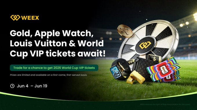 The image features a poster for an event called "WEEX Gold, Apple Watch, Louis Vuitton & World Cup VIP tickets await!". The poster includes a photo of a soccer ball with the text "Spin to win World Cup VIP tickets with WEEX". It also displays various items such as a gold coin and a wallet. The post is scheduled for June 4 - June 19 and encourages users to spin a wheel, which will give them an opportunity to win these VIP tickets.
