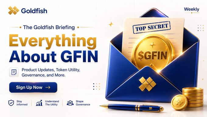 A promotional graphic for "Goldfish" titled "Everything About GFIN - The Goldfish Briefing" with text about product updates, token utility, governance, and a "Sign Up Now" button.