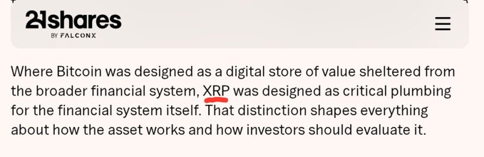 A screenshot from a 21Shares by FalconX article highlights the phrase "critical plumbing" describing XRP, drawing a contrast between Bitcoin's design as a store of value and XRP's role as infrastructure for the financial system itself.
