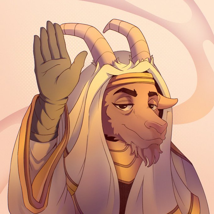 An anime-style illustration depicts a horned, goat-like character in flowing robes raising one hand in a wave or salute.