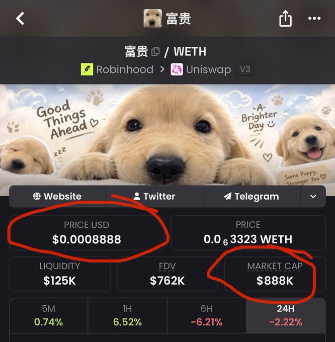 A cryptocurrency token page for '富贵' (a dog-themed token on Robinhood/Uniswap V3) showing a price of $0.0008888 USD, market cap of $888K, and FDV of $762K, with red circles highlighting the price and market cap.