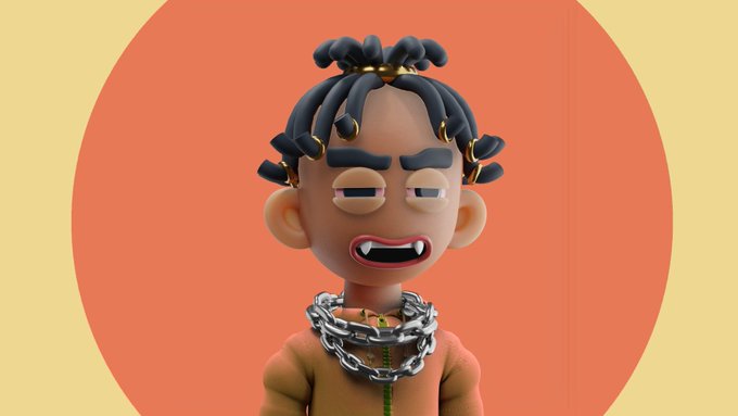 A 3D-rendered stylized character figure with dreadlocks, half-closed eyes, a wide grin showing teeth, and a thick chain necklace, set against an orange circular background.