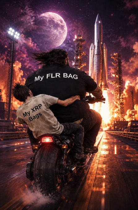 A dramatic digital artwork showing two people riding a motorcycle away from the viewer toward a rocket launch, with the larger rider's shirt labeled 'My FLR BAG' and the smaller person's shirt labeled 'My XRP Bags.'