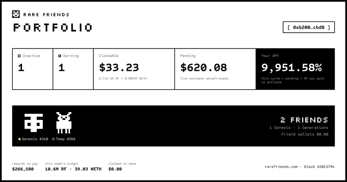 The image displays a "Rare Friends Portfolio" dashboard showing an impressive 9,951.58% APY with $33.23 claimable, $620.08 pending, and a Genesis #310 and Tony #566 NFT, illustrating the post's excitement about $GMGM @RareFriendsNFT "printing" after activation.
