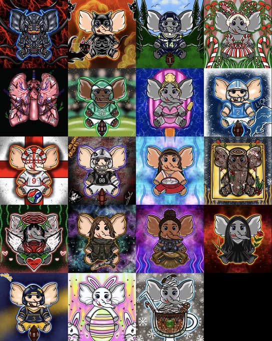 Collage of 20 colorful cartoon illustrations featuring stylized characters, mostly chibi-style elephants or similar creatures dressed in various outfits and themes, including sports, holidays, and pop culture references.