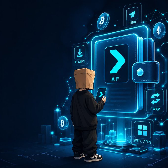 Digital artwork showing a person with a paper bag over their head facing a large glowing wallet interface labeled "AF" with options for SEND, RECEIVE, and SWAP, surrounded by Bitcoin and Ethereum icons and "WEB3 APPS."
