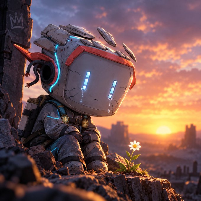 A small robot with a cracked screen visor crying digital tears sits on rocky terrain at sunset, gazing at a single white daisy growing nearby.