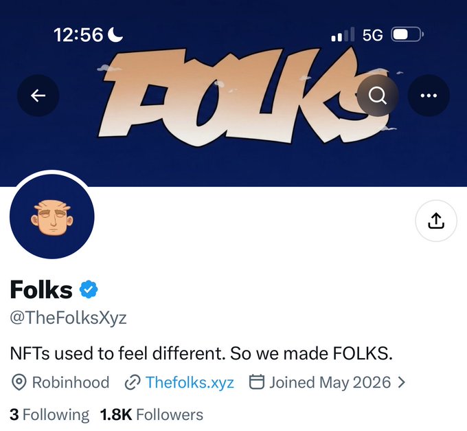 The image shows a Twitter/X profile for "Folks" (@TheFolksXyz), a verified NFT project with 1.8K followers, describing itself as "NFTs used to feel different. So we made FOLKS" and linked to Robinhood, having joined in May 2026. This aligns with the post, which highlights the project's 3,000 supply and its presence on the Robinhood Chain as part of "keep tabs" monitoring.