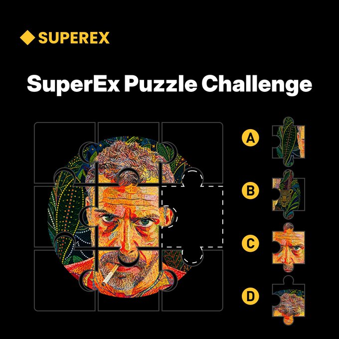 A SuperEx Puzzle Challenge graphic featuring a colorful, mosaic-style portrait of a man smoking, with one puzzle piece missing from the right side of a 3x3 grid, and four answer options (A, B, C, D) showing different potential pieces beside it, promoting a giveaway where participants guess the correct piece to win 5 USDT.