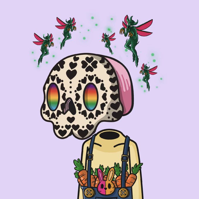A digital illustration of a figure in overalls with a pink bunny toy, featuring a large sugar skull decorated with hearts and rainbow eyes, surrounded by small green fairy creatures.