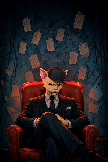 An illustration of an anthropomorphic cat wearing a fedora and a dark suit, sitting in a red leather armchair with documents scattered on the cracked wall in the background.