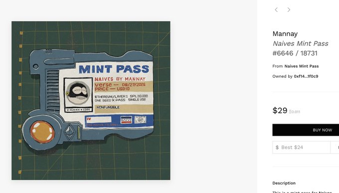 A digital art piece displayed on a marketplace listing shows a cartoon-style "MINT PASS" card by artist Mannay for "Naïves by Mannay" NFT collection (#6646/18731), priced at $29. The image illustrates the user's complaint about Verse Works' minting issues, depicting the promotional pass that failed to deliver despite successful transactions.