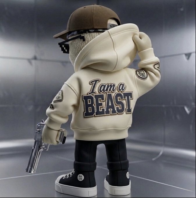 A designer toy figure (articulating figurine) of a character wearing a tan hoodie with 'I am a BEAST' printed on the back, pixelated sunglasses, and black high-tops, holding a silver pistol.